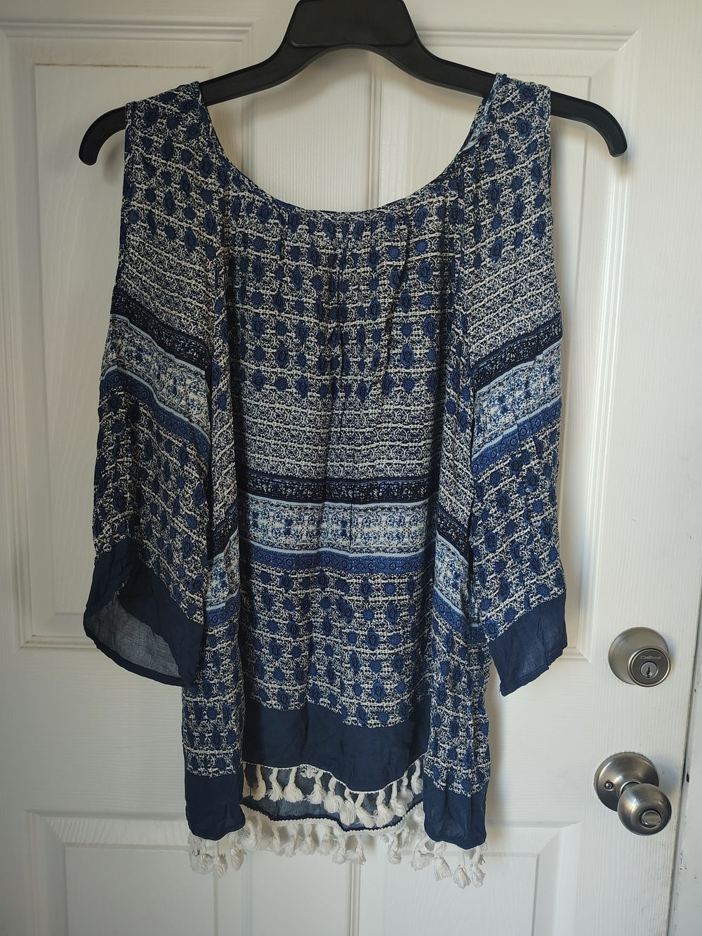 Westport Navy and White Cold-Shoulder Boho Tunic with Tassel Hem